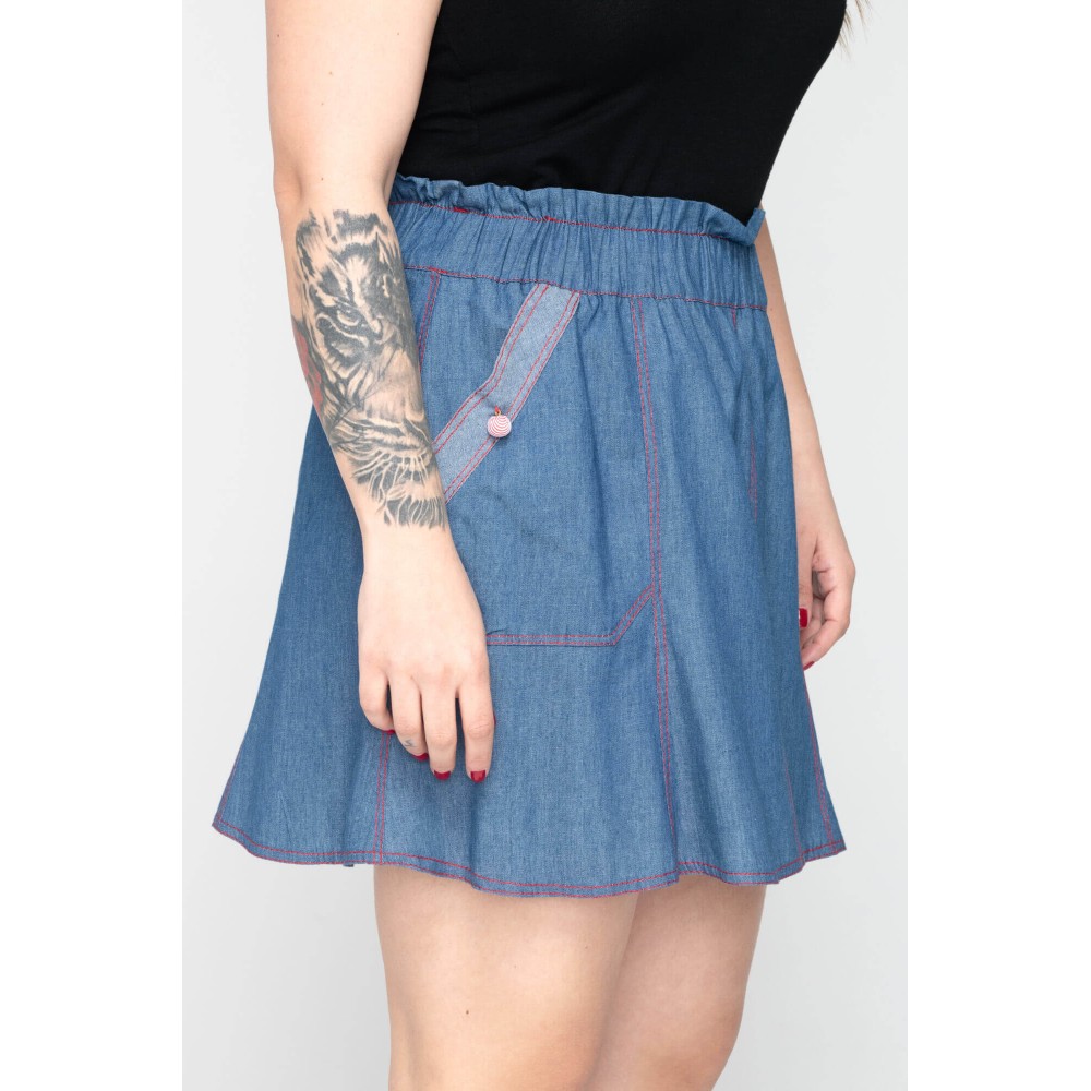 ΦΟΥΣΤΑ ΤΖΗΝ ΜINI ΚΛΟΣ ΜΕ ΕΞΩΤΕΡΙΚΕΣ ΡΑΦΕΣ ΣΕ ΚΟΚΚΙΝΟ ΧΡΩΜΑ & ΛΑΣΤΙΧΟ ΣΤΗΝ ΜΕΣΗ "PLUS SIZE Collection"