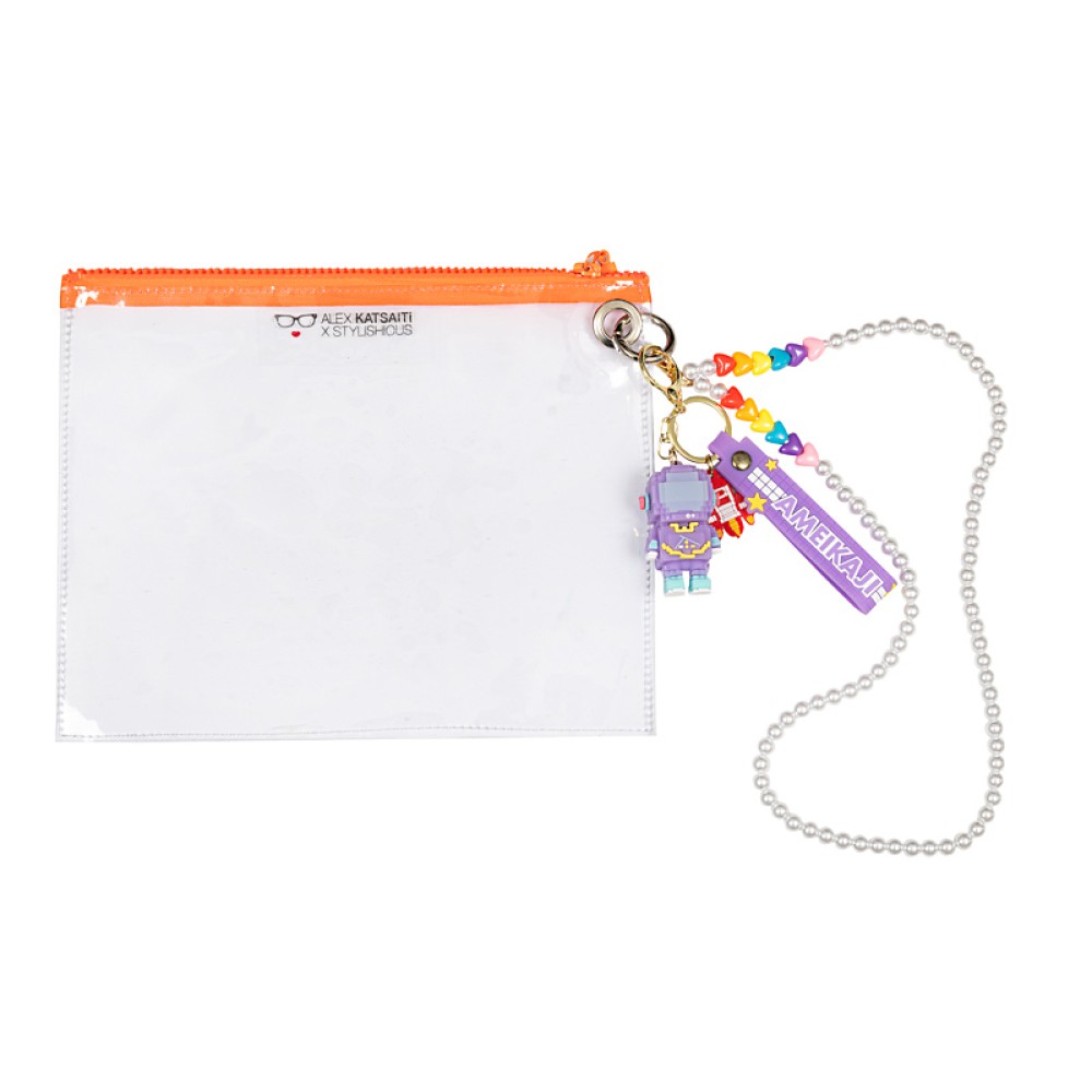 ΤΣΑΝΤΑΚΙ - ΠΟΡΤΟΦΟΛΙ ΔΙΑΦΑΝΟ ΜΕ ΑΝΟΙΓΟΜΕΝΟ ΜΕΤΑΛΛΙΚΟ ΚΡΙΚΟ,ΧΡΩΜΑΤΙΣΤΟ ΦΕΡΜΟΥΑΡ,ΑΛΥΣΙΔΑΚΙ & ΜΠΡΕΛΟΚ "ALEX KATSAITI X STYLISHIOUS"