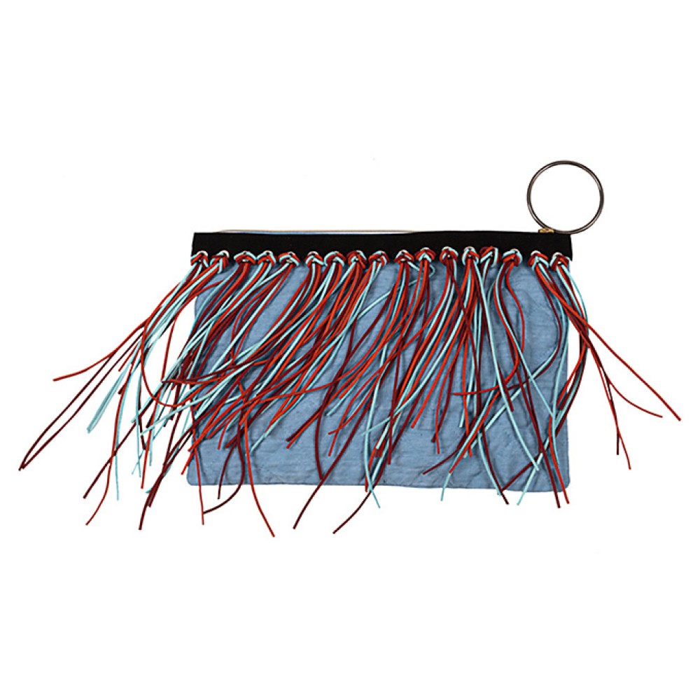 ΤΣΑΝΤΑΚΙ ΤΖHΝ ΚΑΠΙΤΟΝΕ ME MAYPA & ΔIXΡΩMA ΔΕΡΜΑΤΙΝΑ ΚΡΟΣΙΑ, ΜΕΤΑΛΛΙΚΟ KPIKO & ΑΛΥΣΙΔΑΚΙ ΜΕ ΠΟΛΥΧΡΩΜΕΣ ΧΑΝΤΡΕΣ  “ALEX KATSAITI X STYLISHIOUS”