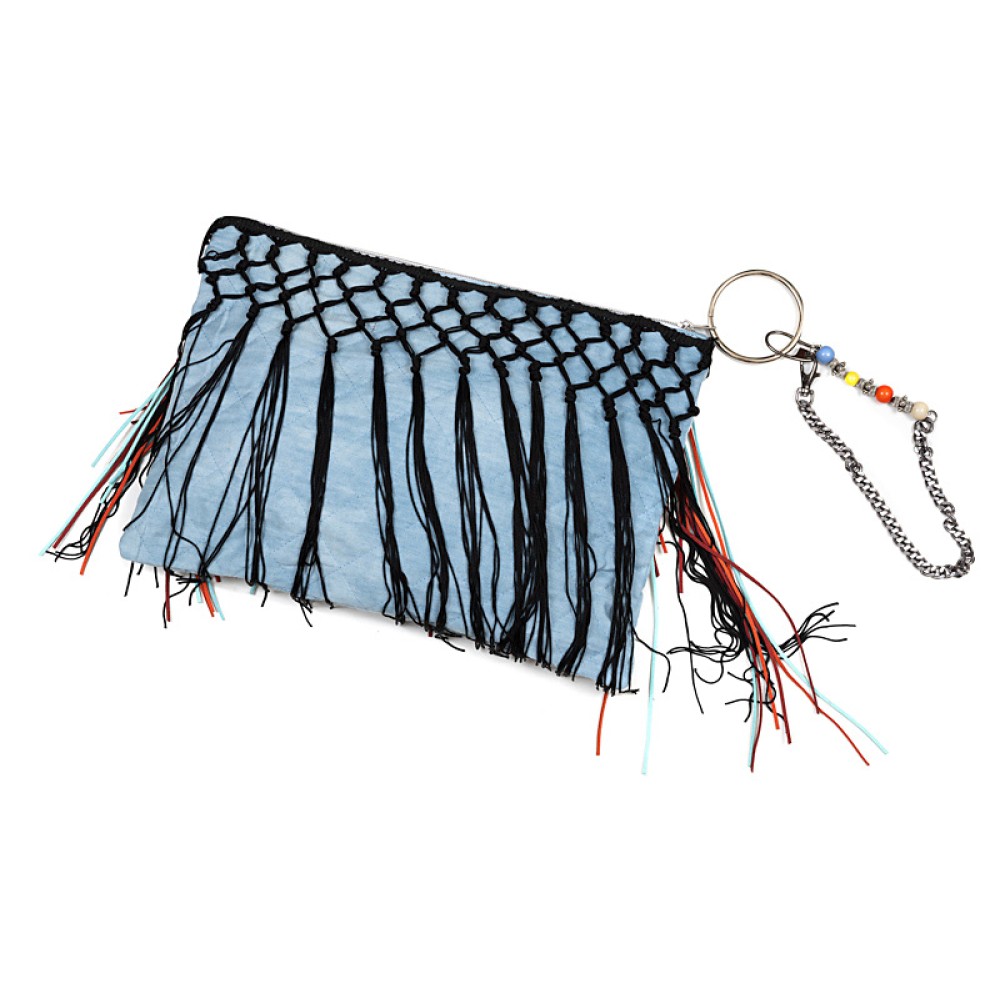 ΤΣΑΝΤΑΚΙ ΤΖHΝ ΚΑΠΙΤΟΝΕ ME MAYPA & ΔIXΡΩMA ΔΕΡΜΑΤΙΝΑ ΚΡΟΣΙΑ, ΜΕΤΑΛΛΙΚΟ KPIKO & ΑΛΥΣΙΔΑΚΙ ΜΕ ΠΟΛΥΧΡΩΜΕΣ ΧΑΝΤΡΕΣ  “ALEX KATSAITI X STYLISHIOUS”