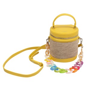 BAG - STRAW, WOVEN BASKET ΙΝ TAUPE LEATHER WITH HANDLE, STRAP & COLORFUL CHUNKY CHAIN " STYLISHIOUS COLLECTION"