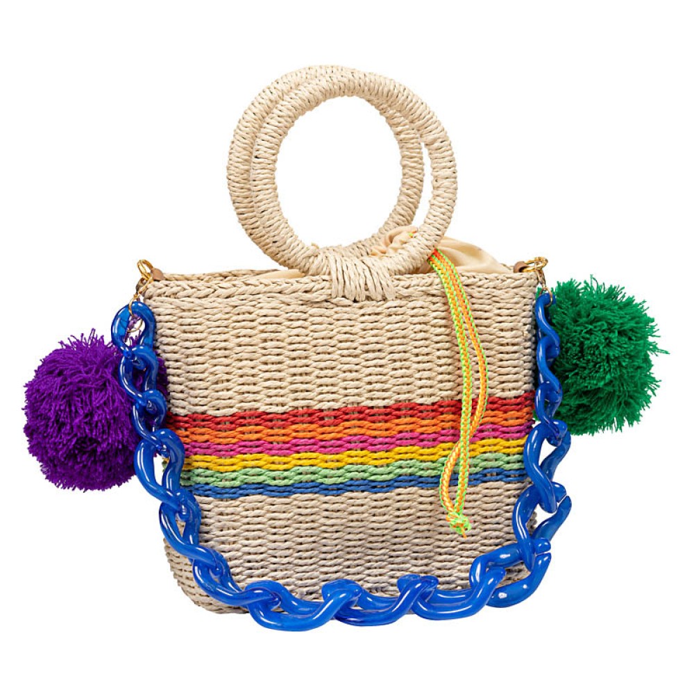 ΤΣΑΝΤΑ ΨΑΘΙΝΗ ΠΛΕΧΤΗ ΜΕ ΠΟΛΥΧΡΩΜΕΣ ΡΙΓΕΣ, ΚΟΚΚΑΛΙΝΗ ΑΛΥΣΙΔΑ ΜΠΛΕ & ΜΕΓΑΛΑ ΠΟΝ ΠΟΝ "STYLISHIOUS COLLECTIOΝ"