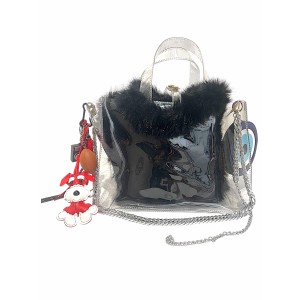 BAG 'TOTE' IN CLEAR PVC WITH ECO FUR BAG, METALLIC CHAINS, KEYRING, CHARMS & POUCH "ALEX KATSAITI X STYLISHIOUS"