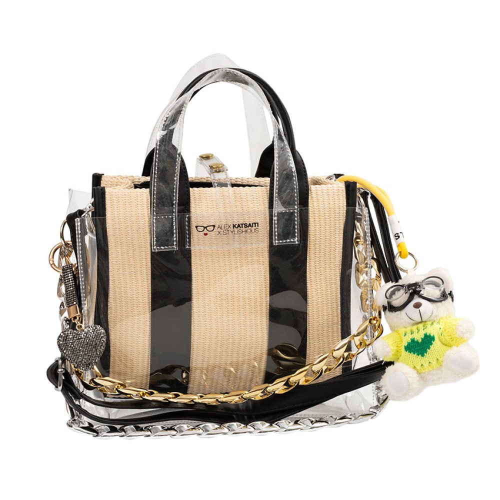 TΣΑΝΤΑ "TOTE" ΔΙΑΦΑΝΗ,  ΜΕ ΕΣΩΤΕΡΙΚΗ ΨΑΘΙΝΗ ΤΣΑΝΤΑ ΣΕ ΜΠΕΖ Ή ΜΑΥΡΟ, ΑΛΥΣΙΔΕΣ, ΠΟΡΤΟΦΟΛΑΚΙ & ΜΠΡΕΛΟΚ  "ALEX KATSAITI X STYLISHIOUS''