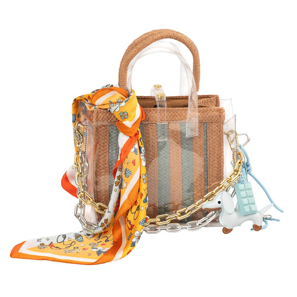 TΣΑΝΤΑ ΔΙΑΦΑΝΗ, ΑΔΙΑΒΡΟΧΗ ΑΠΟ PVC ΜΕ ΕΣΩΤΕΡΙΚΗ ΨΑΘΙΝΗ ΤΣΑΝΤΑ, ΣΑΤΕΝ ΜΑΝΤΗΛΙ, ΑΛΥΣΙΔΕΣ & ΜΠΡΕΛΟΚ "ALEX KATSAITI X STYLISHIOUS