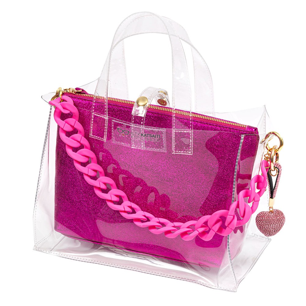 TΣΑΝΤΑ ΔΙΑΦΑΝΗ, ΑΔΙΑΒΡΟΧΗ ΣΕ ΜΙΚΡΟ ΜΕΓΕΘΟΣ ΜΕ ΡΟΖ ΚΟΚΚΑΛΙΝΗ ΑΛΥΣΙΔΑ, ΜΠΡΕΛΟΚ & ΕΣΩΤΕΡΙΚΟ METΑΛΛΙΚΟ ΤΣΑΝΤΑΚΙ "ALEX KATSAITI X STYLISHIOUS"