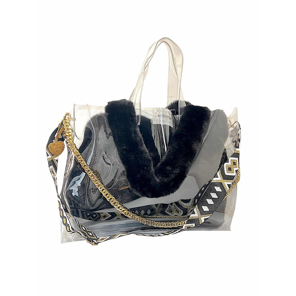 TΣΑΝΤΑ MEΓΑΛΗ, ΔΙΑΦΑΝΗΣ & ΑΔΙΑΒΡΟΧΗ ΑΠΟ PVC ΜΕ ΓΟΥΝΙΝΗ ΜΑΥΡΗ Η ΑΣΠΡΗ ΤΣΑΝΤΑ, ΙΜΑΝΤΑ, ΧΡΥΣΗ ΑΛΥΣΙΔΑ & ΜΠΡΕΛΟΚ "ALEX KATSAITI X STYLISHIOUS"