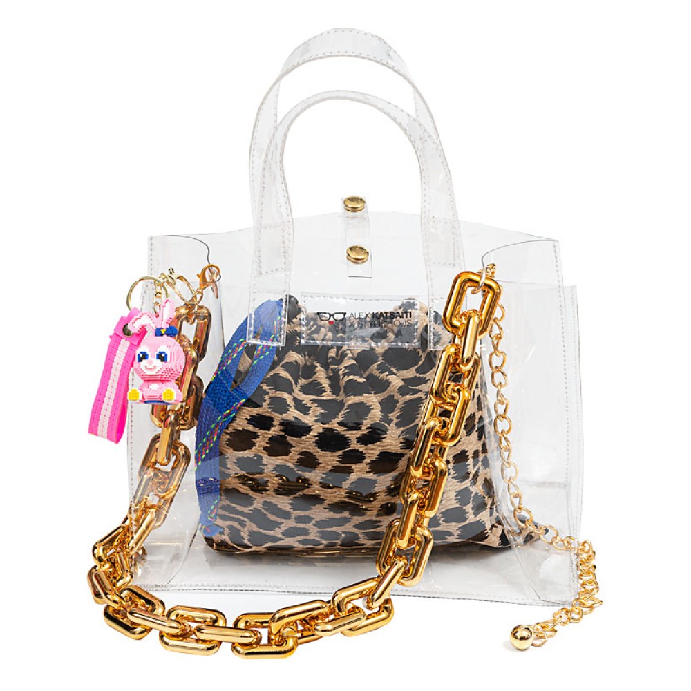 ΤΣΑΝΤΑ ΔΙΑΦΑΝΗ ΑΠΟ PVC ΜΕ ΧΡΥΣH ΑΛΥΣΙΔA, ΠΟΥΓΚΙ & ΜΠΡΕΛΟΚ ΚΟΥΝΕΛΑΚΙ ''ΑLEX KATSAITI X STYLISHIOUS''