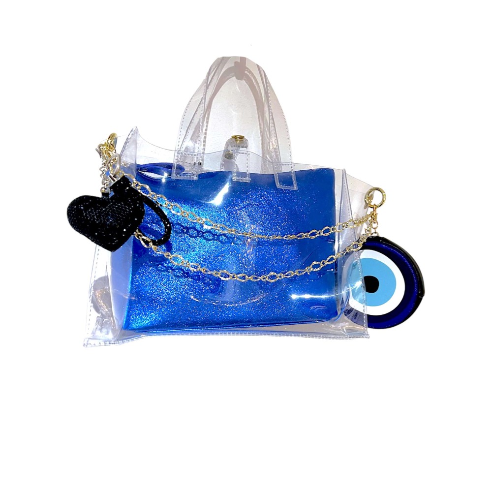 TΣΑΝΤΑ ΔΙΑΦΑΝΗ, ΑΔΙΑΒΡΟΧΗ AΠΟ PVC ΜΕ ΕΣΩΤΕΡΙΚΟ ΜΩΒ, ΔΕΡΜΑΤΙΝΟ ΤΣΑΝΤΑΚΙ, ΧΡΥΣΗ & ΜΑΥΡΗ ΑΛΥΣΙΔΑ, ΠΟΡΤΟΦΟΛΑΚΙ & ΜΠΡΕΛΟΚ "ALEX KATSAITI X STYLISHIOUS