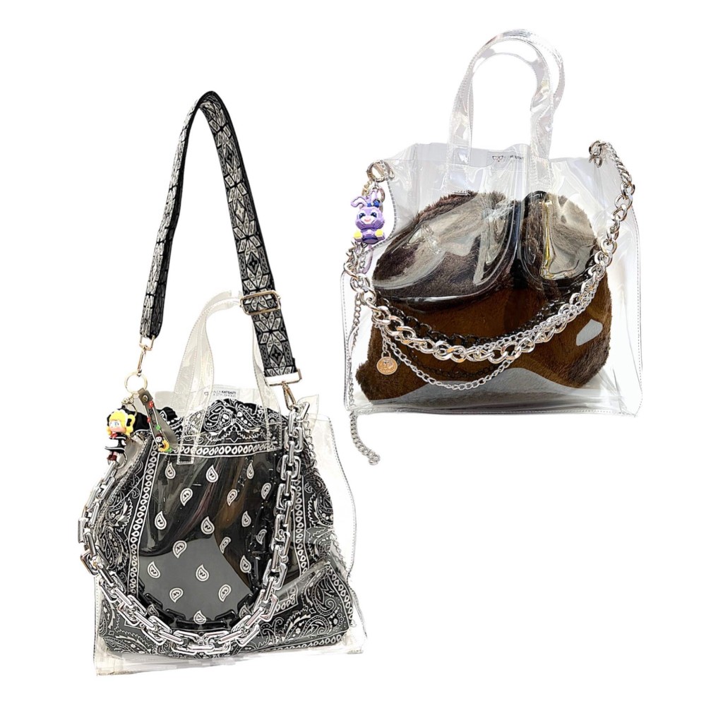 ΤΣΑΝΤΑ ΔΙΑΦΑΝΗ, ΑΔΙΑΒΡΟΧΗ ΑΠΟ PVC, ΜΕΣΑΙΟ ΜΕΓΕΘΟΣ ME ΧΡΩΜΑΤΙΣΤΟ ΠΟΥΓΚΙ, AΣΗΜΙ ΑΛΥΣΙΔΑ & ΜΠΡΕΛΟΚ ''ΑLEX KATSAITI X STYLISHIOUS''