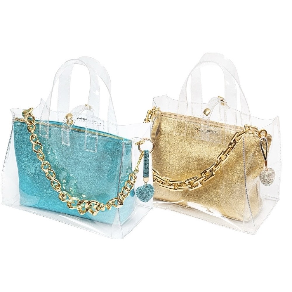 TΣΑΝΤΑ ΔΙΑΦΑΝΗ, ΑΔΙΑΒΡΟΧΗ ΣΕ ΜΙΚΡΟ ΜΕΓΕΘΟΣ ΜΕ ΧΡΥΣΗ ΤΕΤΡΑΓΩΝΗ ΑΛΥΣΙΔΑ, ΜΠΡΕΛΟΚ & ΕΣΩΤΕΡΙΚΟ METΑΛΛΙΚΟ ΛΑΧΑΝΙ ΤΣΑΝΤΑΚΙ "ALEX KATSAITI X STYLISHIOUS