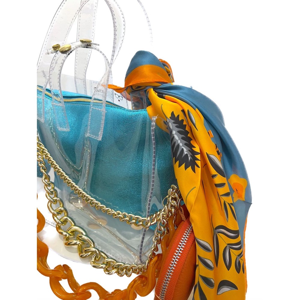 ΤΣΑΝΤΑ ΔΙΑΦΑΝΗΣ ΑΠΟ PVC ΜΕ ΔΕΡΜΑΤΙΝΟ ΤΥΡΚΟΥΑΖ ΤΣΑΝΤΑΚΙ, ΧΡΥΣΕΣ & ΠΟΡΤΟΚΑΛΙ ΑΛΥΣΙΔΕΣ, ΜΠΡΕΛΟΚ & ΠΟΡΤΟΦΟΛΑΚΙ "ALEX KATSAITI X STYLISHIOUS"