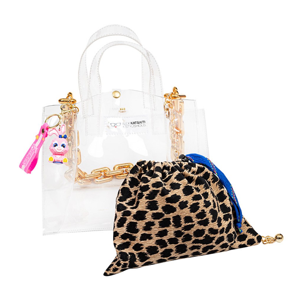 ΤΣΑΝΤΑ ΔΙΑΦΑΝΗ ΑΠΟ PVC ΜΕ ΧΡΥΣH ΑΛΥΣΙΔA, ΠΟΥΓΚΙ & ΜΠΡΕΛΟΚ ΚΟΥΝΕΛΑΚΙ ''ΑLEX KATSAITI X STYLISHIOUS''