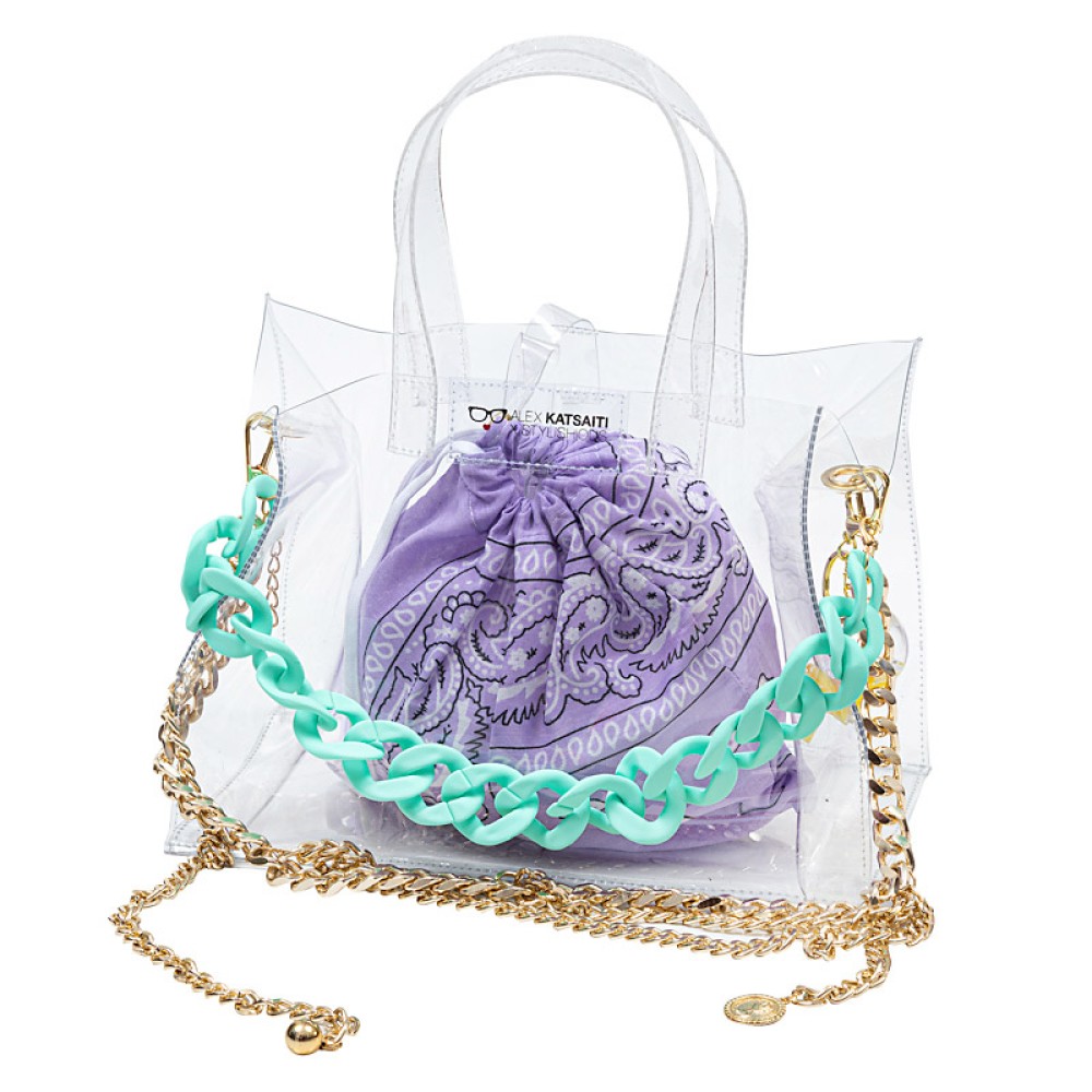 ΤΣΑΝΤΑ ΔΙΑΦΑΝΗ ΑΠΟ PVC ΣΕ 2 ΣΧΕΔΙΑ ΜΕ ΑΛΥΣΙΔΑ ΧΡΥΣH & ΒΕΡΑΜΑΝ & ΛΙΛΑ ΠΟΥΓΚΙ 'Η ΜΕ ΧΡΩΜΑΤΙΣΤΗ ΑΛΥΣΙΔΑ & ΨΑΘΙΝΟ ΤΣΑΝΤΑΚΙ  ''ΑLEX KATSAITI X STYLISHIOUS'"ALEX KATSAITI X STYLISHIOUS"