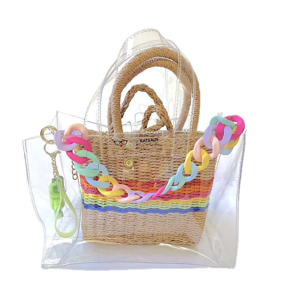 ΤΣΑΝΤΑ ΔΙΑΦΑΝΗ ΑΠΟ PVC ΣΕ 2 ΣΧΕΔΙΑ ΜΕ ΑΛΥΣΙΔΑ ΧΡΥΣH & ΒΕΡΑΜΑΝ & ΛΙΛΑ ΠΟΥΓΚΙ 'Η ΜΕ ΧΡΩΜΑΤΙΣΤΗ ΑΛΥΣΙΔΑ & ΨΑΘΙΝΟ ΤΣΑΝΤΑΚΙ  ''ΑLEX KATSAITI X STYLISHIOUS'"ALEX KATSAITI X STYLISHIOUS"