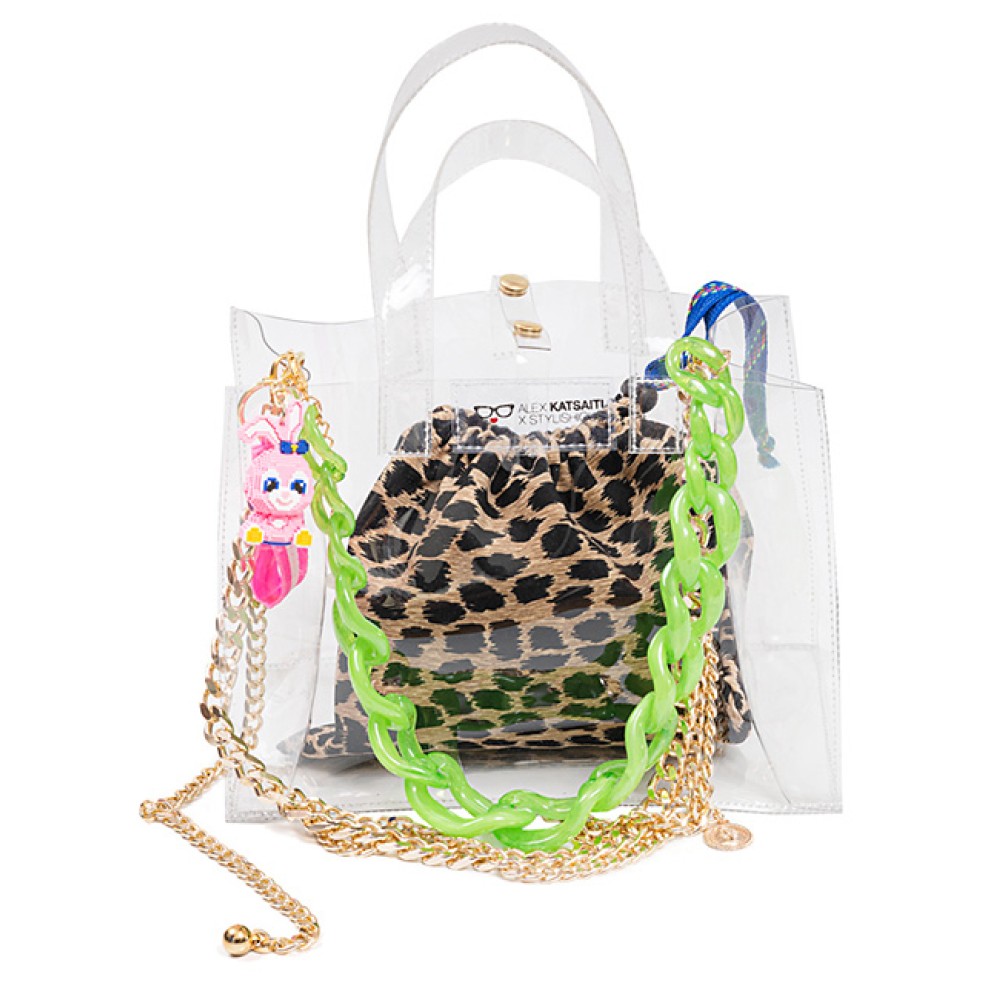 TΣΑΝΤΑ ΔΙΑΦΑΝΗ,  ΑΔΙΑΒΡΟΧΗ ΑΠΟ PVC ΜΕ ΠΟΡΤΟΚΑΛΙ H ΛΙΛΑ ΠΟΥΓΚΙ, ΑΣΟΡΤΙ IMANTA, ΧΡΥΣΕΣ ΑΛΥΣΙΔΕΣ & ΜΠΡΕΛΟΚ "ALEX KATSAITI X STYLISHIOUS"