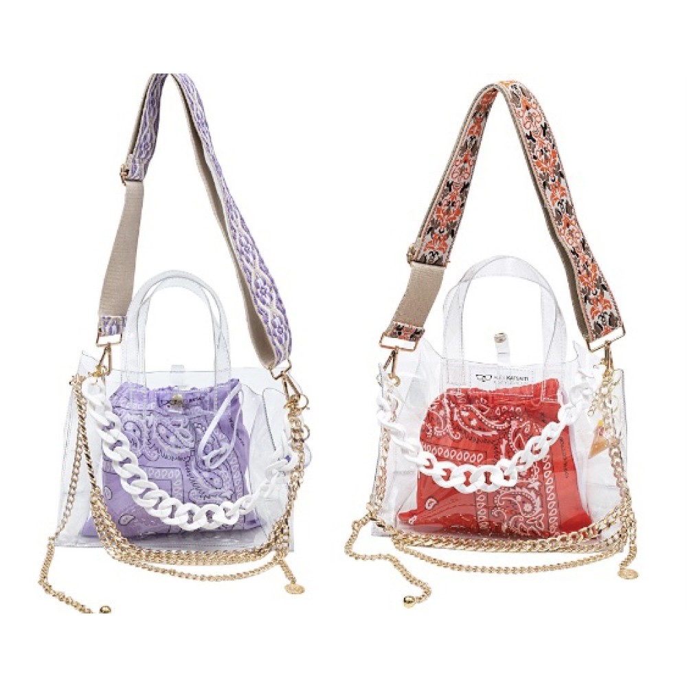 TΣΑΝΤΑ ΔΙΑΦΑΝΗ,  ΑΔΙΑΒΡΟΧΗ ΑΠΟ PVC ΜΕ ΠΟΡΤΟΚΑΛΙ H ΛΙΛΑ ΠΟΥΓΚΙ, ΑΣΟΡΤΙ IMANTA, ΧΡΥΣΕΣ ΑΛΥΣΙΔΕΣ & ΜΠΡΕΛΟΚ "ALEX KATSAITI X STYLISHIOUS"