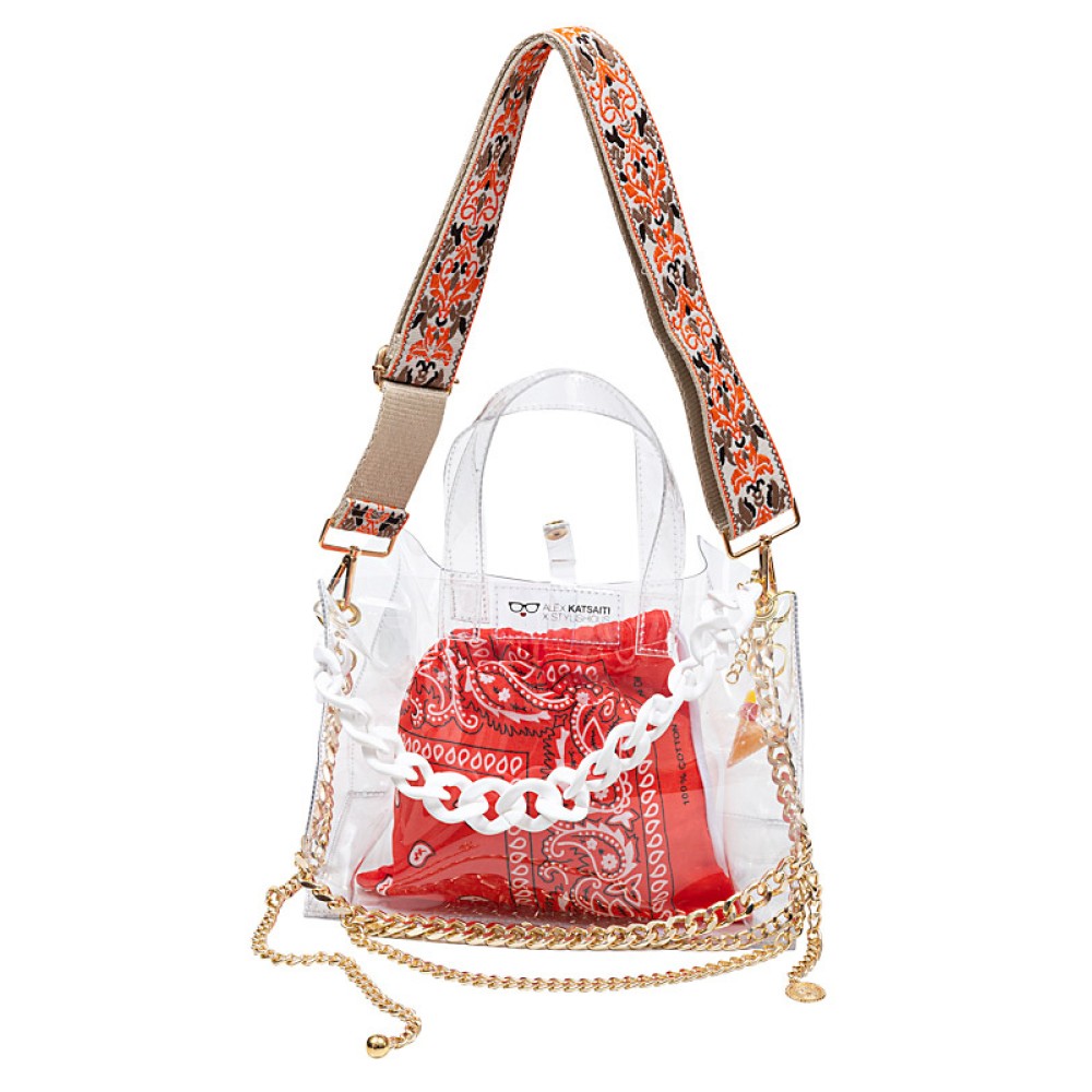 TΣΑΝΤΑ ΔΙΑΦΑΝΗ,  ΑΔΙΑΒΡΟΧΗ ΑΠΟ PVC ΜΕ ΠΟΡΤΟΚΑΛΙ H ΛΙΛΑ ΠΟΥΓΚΙ, ΑΣΟΡΤΙ IMANTA, ΧΡΥΣΕΣ ΑΛΥΣΙΔΕΣ & ΜΠΡΕΛΟΚ "ALEX KATSAITI X STYLISHIOUS"