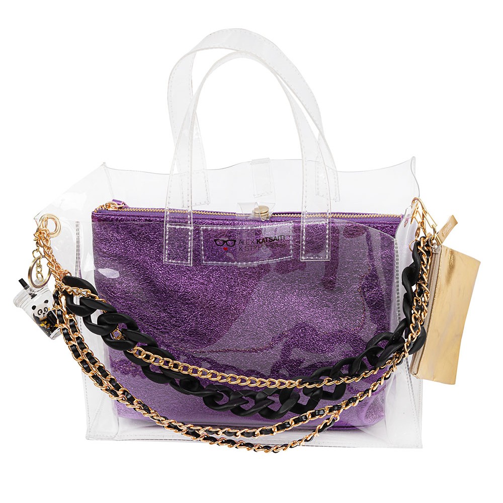 TΣΑΝΤΑ ΔΙΑΦΑΝΗ, ΑΔΙΑΒΡΟΧΗ AΠΟ PVC ΜΕ ΕΣΩΤΕΡΙΚΟ ΜΩΒ, ΔΕΡΜΑΤΙΝΟ ΤΣΑΝΤΑΚΙ, ΧΡΥΣΗ & ΜΑΥΡΗ ΑΛΥΣΙΔΑ, ΠΟΡΤΟΦΟΛΑΚΙ & ΜΠΡΕΛΟΚ "ALEX KATSAITI X STYLISHIOUS