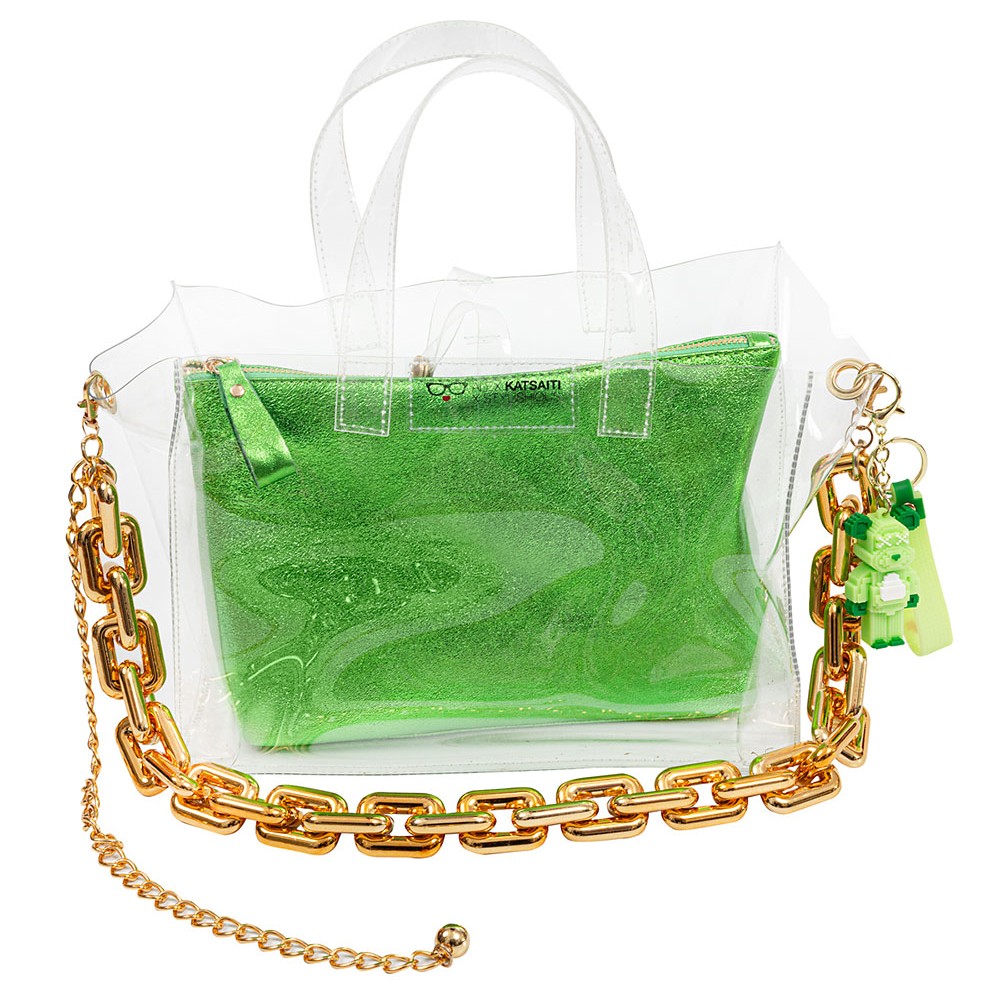 ΤΣΑΝΤΑ ΔΙΑΦΑΝΗΣ ΑΠΟ PVC ΜΕ ΔΕΡΜΑΤΙΝΟ ΤΥΡΚΟΥΑΖ ΤΣΑΝΤΑΚΙ, ΧΡΥΣΕΣ & ΠΟΡΤΟΚΑΛΙ ΑΛΥΣΙΔΕΣ, ΜΠΡΕΛΟΚ & ΠΟΡΤΟΦΟΛΑΚΙ "ALEX KATSAITI X STYLISHIOUS"