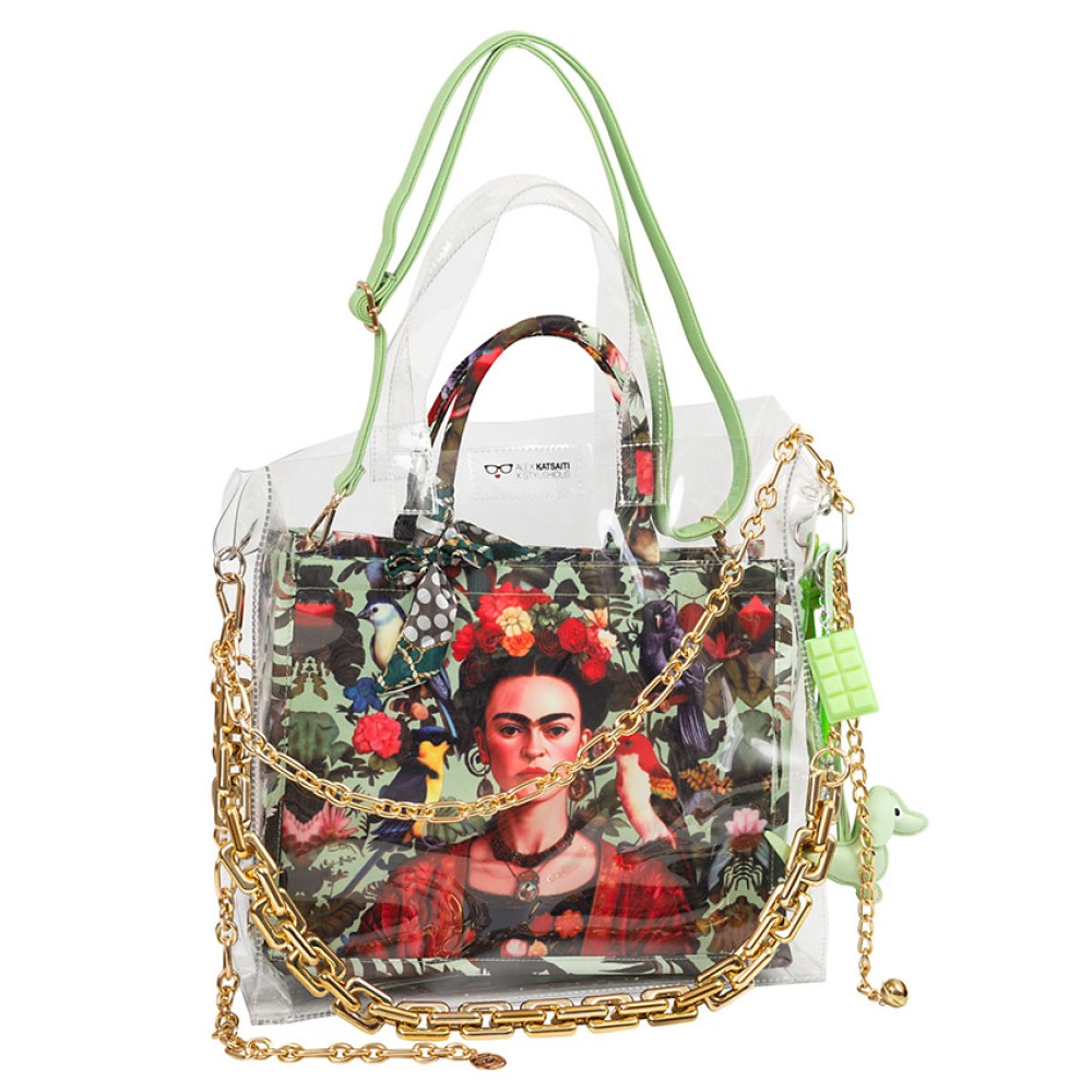 ΤΣΑΝΤΑ ΔΙΑΦΑΝΗ & AΔΙΑΒΡΟΧΗ, ΜΕΣΑΙΟ ΜΕΓΕΘΟΣ ΜΕ ΕΣΩΤΕΡΙΚΗ ΤΣΑΝΤΑ ΥΦΑΣΜΑΤΙΝΗ ΕΜΠΡΙΜΕ 'ΦΡΙΝΤΑ" ΜΕ ΧΡΥΣΕΣ ΑΛΥΣΙΔΕΣ ''ΑLEX KATSAITI X STYLISHIOUS''