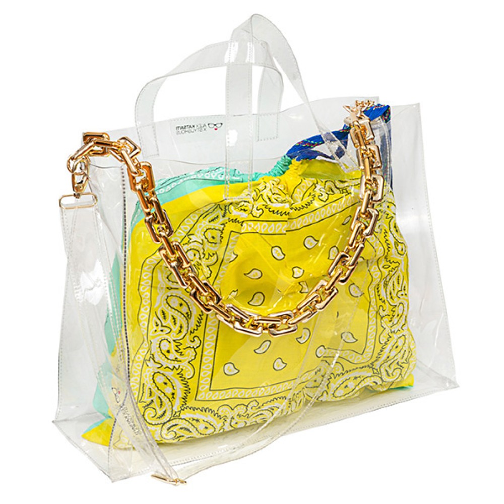 TΣΑΝΤΑ ΔΙΑΦΑΝΗ & ΑΔΙΑΒΡΟΧΗ ΑΠΟ PVC ΣΕ MEΓΑΛΟ ΜΕΓΕΘΟΣ ΜΕ ΧΡΥΣΗ ΑΛΥΣΙΔΑ, ΧΡΩΜΑΤΙΣΤΟ ΠΟΥΓΚΙ & ΜΠΡΕΛΟΚ "ALEX KATSAITI X STYLISHIOUS"