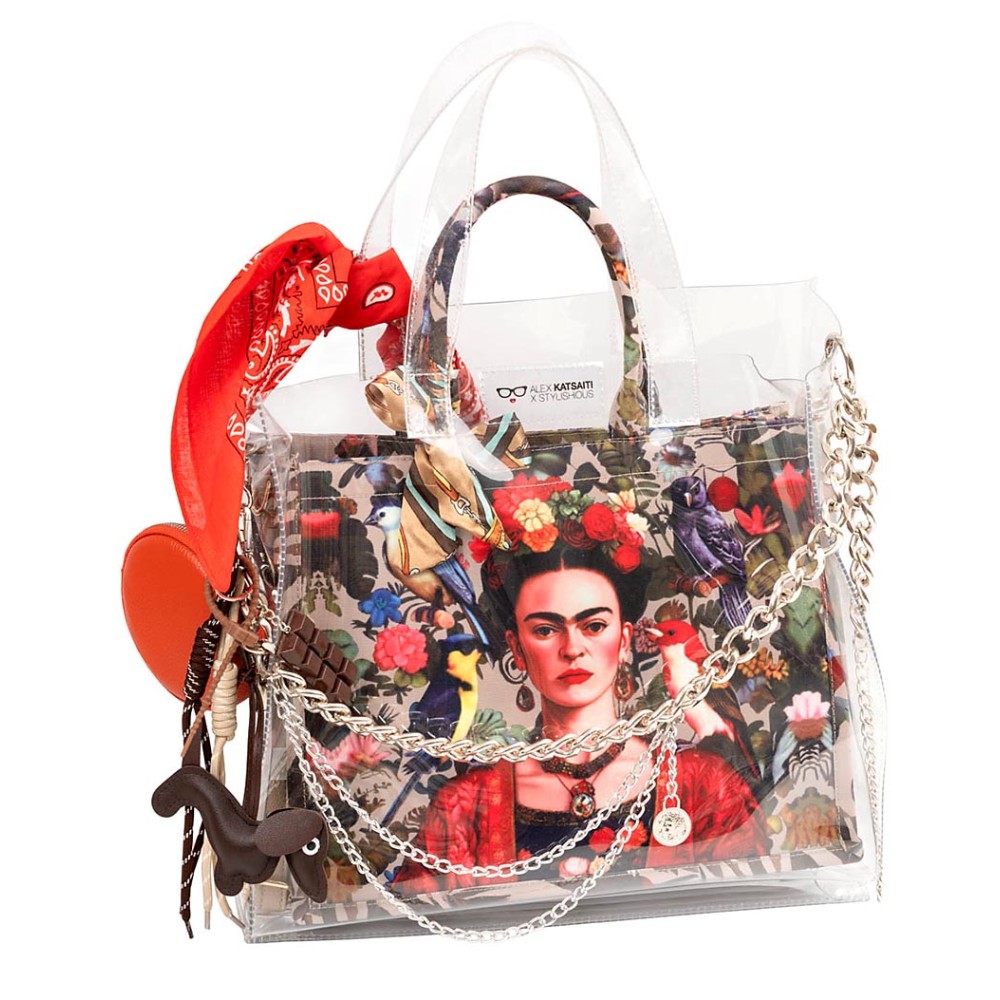 ΤΣΑΝΤΑ ΔΙΑΦΑΝΗ & AΔΙΑΒΡΟΧΗ, ΜΕΣΑΙΟ ΜΕΓΕΘΟΣ ΜΕ ΕΣΩΤΕΡΙΚΗ ΤΣΑΝΤΑ ΥΦΑΣΜΑΤΙΝΗ ΕΜΠΡΙΜΕ 'ΦΡΙΝΤΑ" ΜΕ ΑΣΗΜΙ ΑΛΥΣΙΔΕΣ ''ΑLEX KATSAITI X STYLISHIOUS''