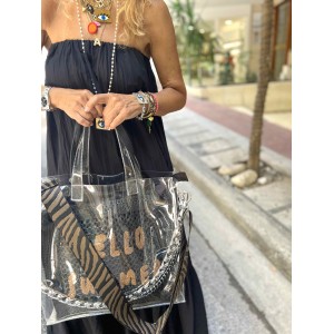 BAG IN CLEAR PVC, MEDIUM SIZE WITH BLACK OR BEIGE BRAIDED STRAW INNER BAG, FAN, STRAPS & CHARMS "ALEX KATSAITI X STYLISHIOUS"