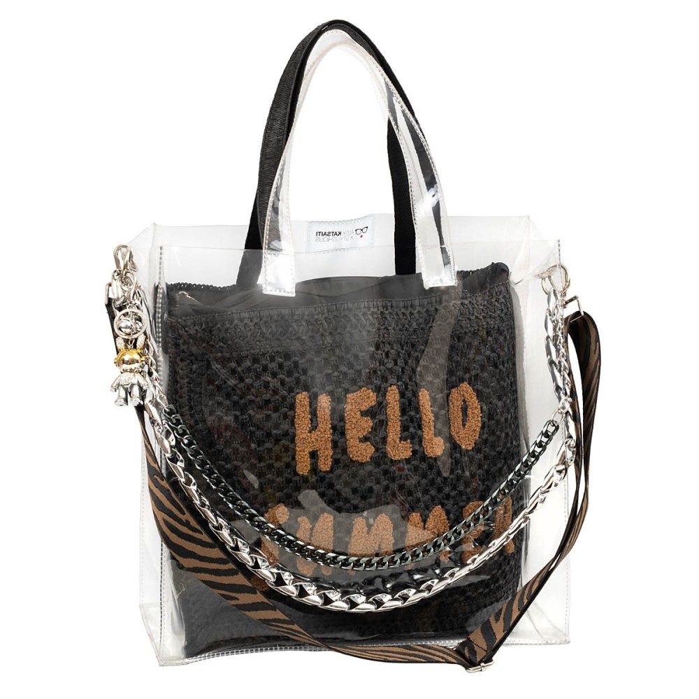 ΤΣΑΝΤΑ ΔΙΑΦΑΝΗ, ΤΕΤΡΑΓΩΝΗ ΑΠΟ PVC ΜΕ ΕΣΩΤΕΡΙΚΗ ΠΛΕΧΤΗ ΤΣΑΝΤΑ, ΒΕΝΤΑΛΙΑ, ΑΛΥΣΙΔΕΣ, ΙΜΑΝΤΑ & ΜΠΡΕΛΟΚ "ALEX KATSAITI X STYLISHIOUS"