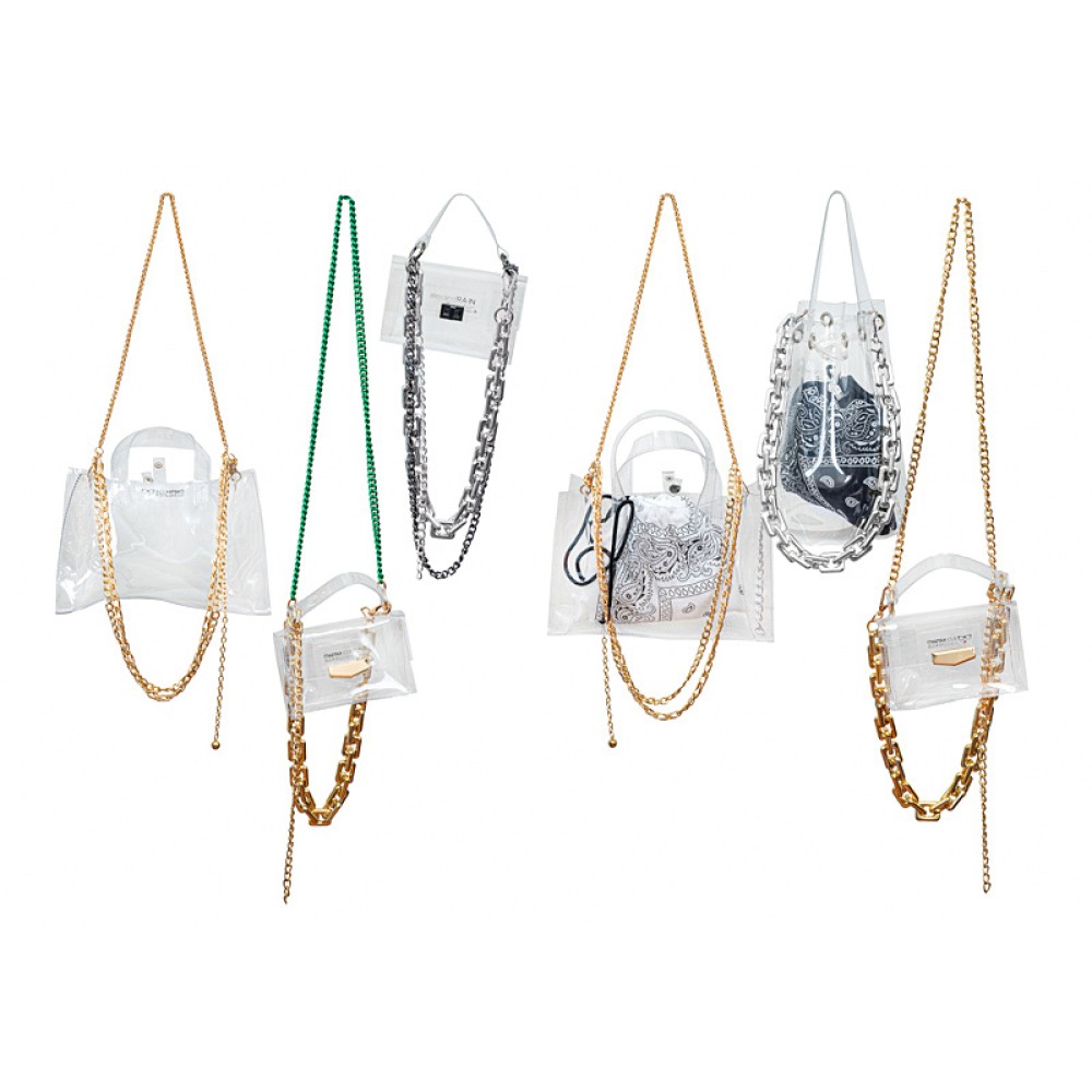 ΤΣΑΝΤΑ ΔΙΑΦΑΝΗ ΑΠΟ PVC ΣΕ 2 ΣΧΕΔΙΑ ΜΕ ΑΛΥΣΙΔΑ ΧΡΥΣH & ΒΕΡΑΜΑΝ & ΛΙΛΑ ΠΟΥΓΚΙ 'Η ΜΕ ΧΡΩΜΑΤΙΣΤΗ ΑΛΥΣΙΔΑ & ΨΑΘΙΝΟ ΤΣΑΝΤΑΚΙ  ''ΑLEX KATSAITI X STYLISHIOUS'"ALEX KATSAITI X STYLISHIOUS"