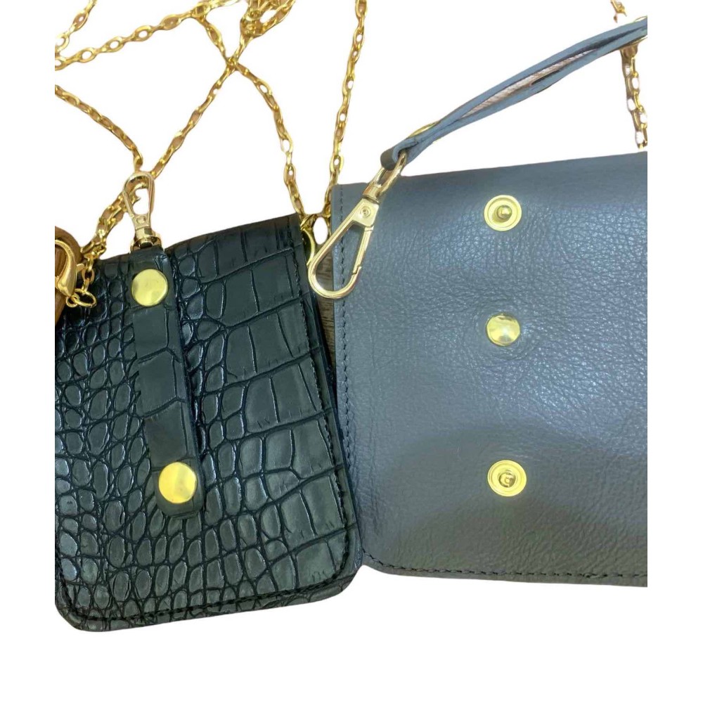 TΣΑΝΤΑΚΙ - ΠΟΡΤΟΦΟΛΑΚΙ ΜΕ ΑΠΟΣΠΩΜΕΝΗ ΔΙΠΛΗ ΑΛΥΣΙΔΑ & ΓΑΝΤΖΟ ΣΕ ΓΚΡΙ ΔΕΡΜΑ & ΣΕ ΜΑΥΡΟ ΤΥΠΟΥ ΚΡΟΚΟ "ALEX KATSAITI X STYLISHIOUS"