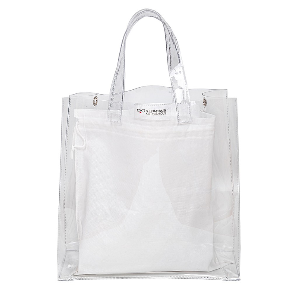 ΤΣΑΝΤΑ ΔΙΑΦΑΝΗ, ΑΔΙΑΒΡΟΧΗ ΑΠΟ PVC, ΜΕΣΑΙΟ ΜΕΓΕΘΟΣ ME ΧΡΩΜΑΤΙΣΤΟ ΠΟΥΓΚΙ, AΣΗΜΙ ΑΛΥΣΙΔΑ & ΜΠΡΕΛΟΚ ''ΑLEX KATSAITI X STYLISHIOUS''