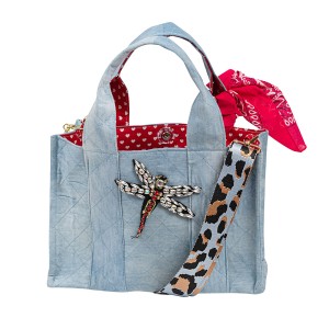 BAG - TOTE IN QUILTED DENIM WITH STRAP, SCARF, KEYRING AND LINING WITH HEARTS OR POLKA DOTS "ALEXKATSAITI X STYLISHIOUS"