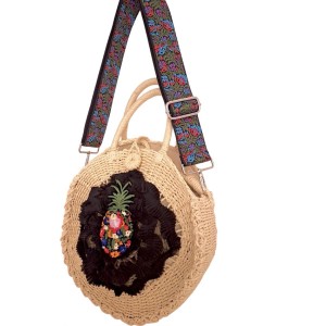 BAG IN IVORY RAFFIA,ROUND SHAPED,WITH PINNEAPPLE EMBROIDERY  “ALEX KATSAITI X STYLISHIOUS"
