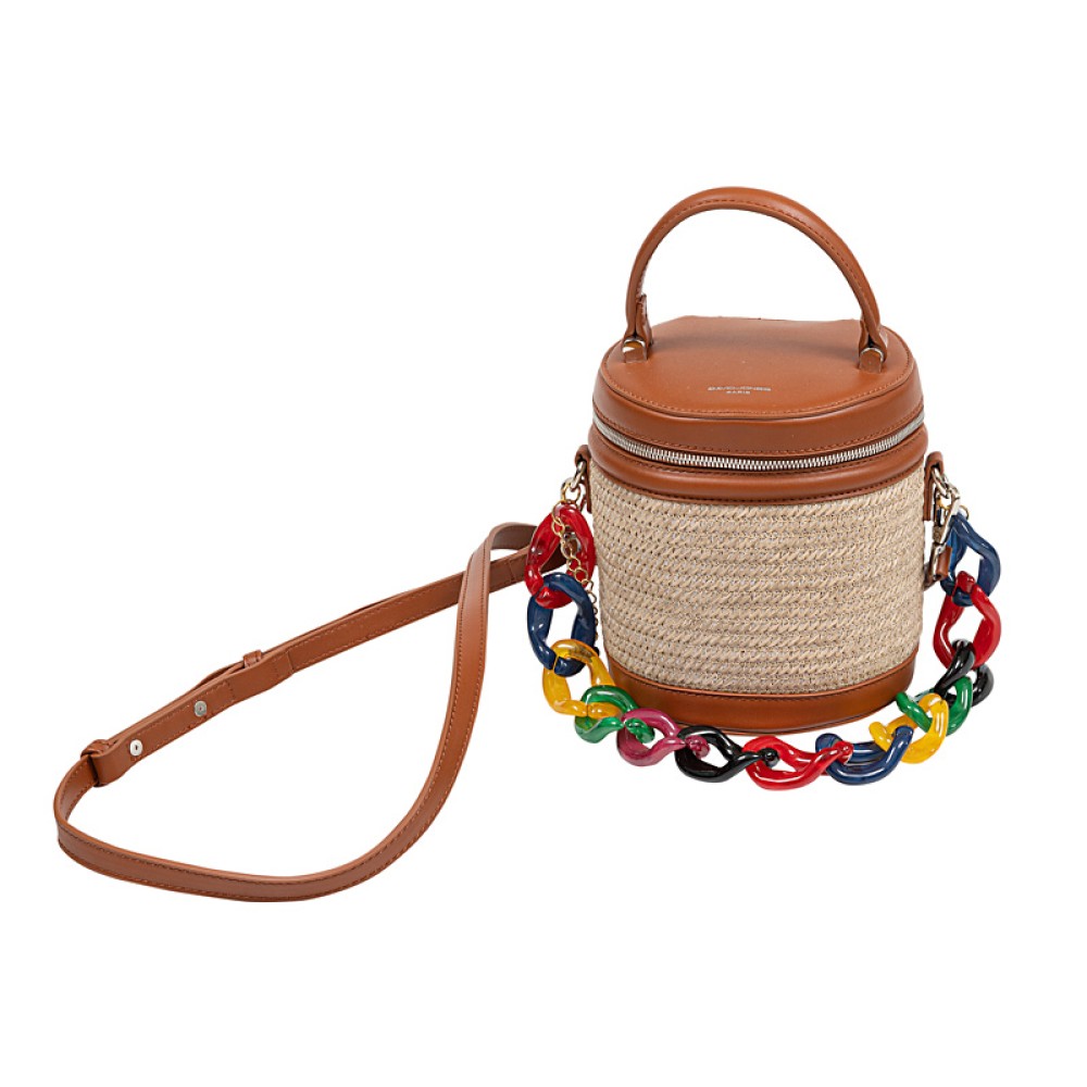 ΤΣΑΝΤΑ ΨΑΘΙΝΗ, ΠΛΕΧΤΗ, TAMΠΑ ΜΕ ΚΟΚΚΑΛΙΝΗ ΠΟΛΥΧΡΩΜΗ ΑΛΥΣΙΔΑ ΚΑΙ ΔΕΡΜΑΤΙΝΟ ΧΕΡΟΥΛΙ "STYLISHIOUS COLLECTION"