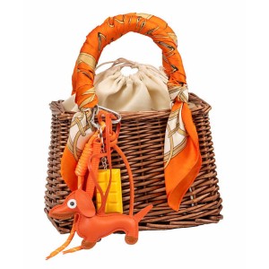 BAG - BASKET STYLE IN BROWN OR BEIGE, BRAIDED STRAW WITH SATIN SCARVES & CHARMS "STYLISHIOUS COLLECTION"