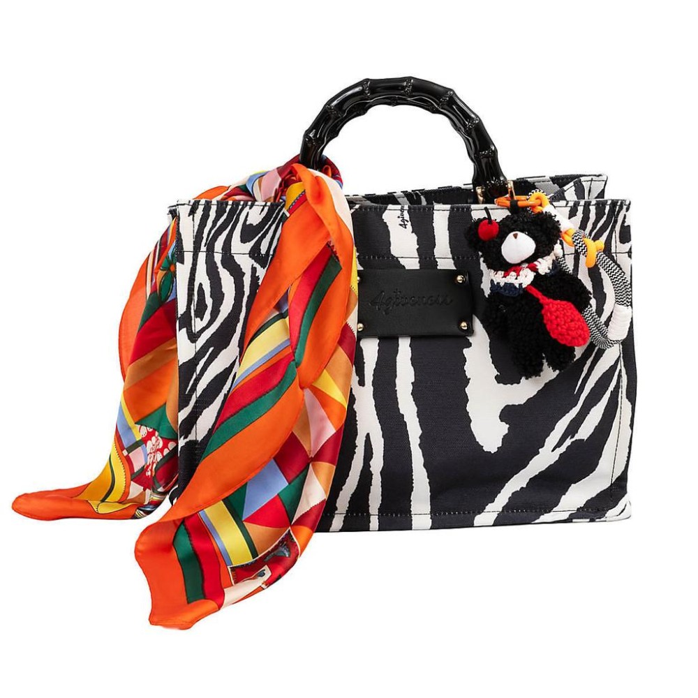 ΤΣΑΝΤΑ - ΤΟΤΕ ΣΕ ΣΧΕΔΙΟ ΖΕΒΡΑ , ΜΕ ΜΠΑΜΠΟΥ ΜΑΥΡΑ ΧΕΡΟΥΛΙΑ, ΜΑΝΤΗΛΙ ΚΑΙ ΜΠΡΕΛΟΚ 'STYLISHIOUS COLLECTION"