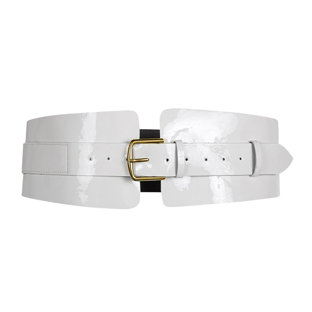 ΖΩΝΗ ΛΕΥΚΗ ΦΑΡΔΙΑ ΑΠΟ ΓΥΑΛIΣΤΕΡΟ ΤΥΠΟΔΕΡΜΑ ΜΕ ΜΕΤΑΛΛΙΚΗ ΕΓΚΡΑΦΑ "ΑLEX KATSAITI X STYLISHIOUS"   