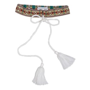 ΖΩΝΗ ΜΕ ΠΑΡΑΔΟΣΙΑΚΟ ΚΕΝΤΗΜΑ ΣΕ ΠΡΑΣΙΝΟ-ΜΠΕΖ-ΚΟΚΚΙΝΟ & ΚΟΡΔΟΝΙ ΛΕΥΚΟ ΜΕ ΦΟΥΝΤΕΣ  "ALEXSANDRA ON THE BEACH"