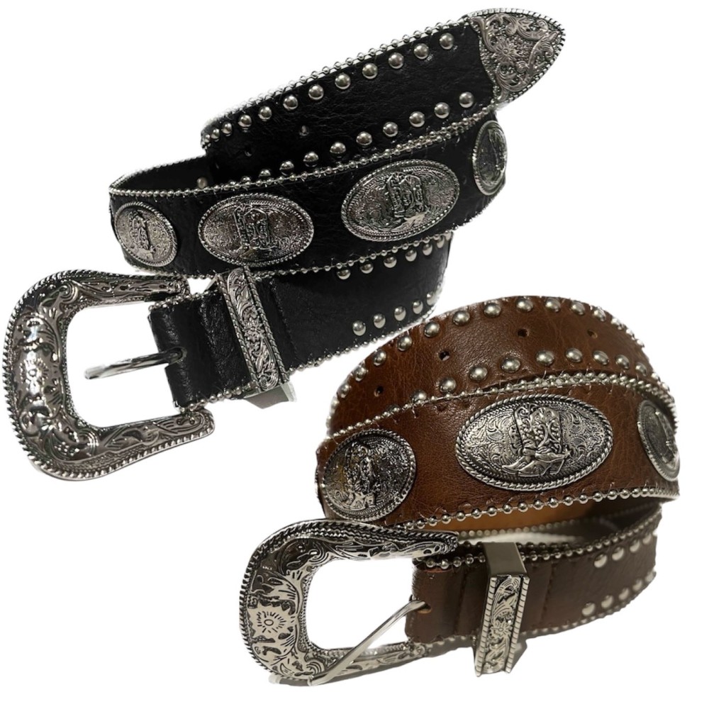 BELT BLACK OR BROWN -COWBOY STYLE- ΙΝ ECO LEATHER, ENGRAVED SILVER BUCKLE & METALLIC STUDS "STYLISHIOUS COLLECTION"