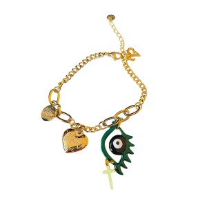 BRACELET - LUCKY CHARM IN GOLD OR SILVER COATED METAL WITH "25" SIGN, ENGRAVED WISHES & EVIL EYE IN GREEN OR BLACK WITH CROSS "ALEX KATSAITI X STYLISHIOUS"