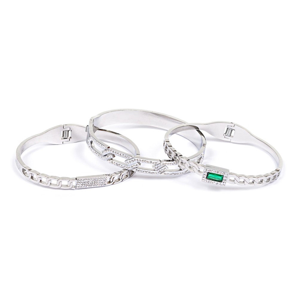 ΒΡΑΧΙΟΛΙΑ - ΣΕΤ 3TMX - ΜΕΤΑΛΛΙΚΑ ΑΣΗΜΙ Ή ΑΣΗΜΙ & ΧΡΥΣΟ ME ΣΤΡΑΣ ΚΑΙ ΠΡΑΣΙΝΗ ΠΕΤΡΑ "STYLISHIOUS Collecton"