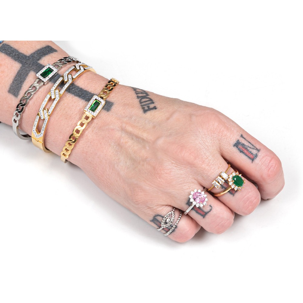 ΒΡΑΧΙΟΛΙΑ - ΣΕΤ 3TMX - ΜΕΤΑΛΛΙΚΑ ΑΣΗΜΙ Ή ΑΣΗΜΙ & ΧΡΥΣΟ ME ΣΤΡΑΣ ΚΑΙ ΠΡΑΣΙΝΗ ΠΕΤΡΑ "STYLISHIOUS Collecton"