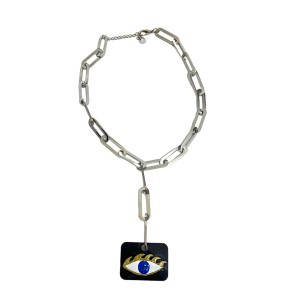 NECKLACE - PENDANT IN B&W PLEXI HANDCRAFTED WITH ENAMELED EVIL EYE & CHAIN IN GOLD OR SILVER “ALEX KATSAITI x STYLISHIOUS” 