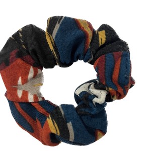 SCRUNCHIES IN BLACK FURRY FABRIC WITH COLORFUL STARS, IN TEAL WITH COLORFUL PRINT, IN GREY KNIT  & IN BLUE WITH COLORFUL FEATHERS“ALEX KATSAITI X STYLISHIOUS"