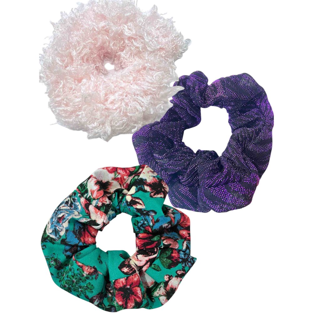 ΛΑΣΤΙΧΑΚΙA - SCRUNCHIES ΣΕ ΜΩΒ-ΜΑΥΡΟ ΜΕΤΑΛΛΙΖΕ ΥΦΑΣΜΑ Η/ΚΑΙ ΣΕ ΡΟΖ ΓΟΥΝΙΝΟ ΥΦΑΣΜΑ H/KAI ΣE ΠPAΣINO ΦΛOΡAΛ  ”ALEX KATSAITI X STYLISHIOUS