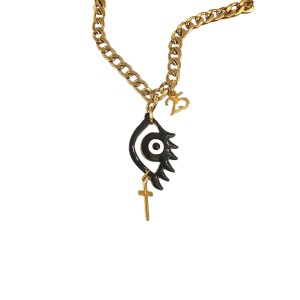 NECKLACE-CHARM IN GOLD OR SILVER COATED STAINLESS STEAL WITH "25" & ENAMELED EVIL EYE IN GREEN OR BLACK WITH CROSS "ALEX KATSAITI X STYLISHIOUS"
