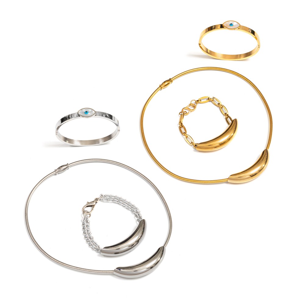 NECKLACE / CHOKER WITH CHARM BRACELETS, SET - 3 PCS- IN METALLIC GOLD OR SILVER INOX "STYLISHIOUS COLLECTION"