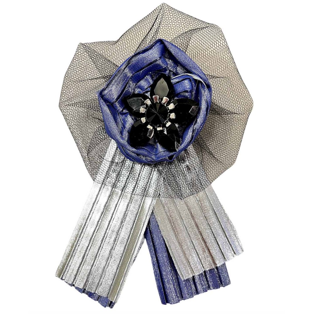 ΚΑΡΦΙΤΣΑ - ΜΠΟΥΤΟΝΙΕΡΑ ΑΠΟ ΜΠΛΕ ΜΕΤΑΛΛΙΖΕ ΥΦΑΣΜΑ, ΜΑΥΡΟ ΤΟΥΛΙ ΚΑΙ ΛΟΥΛΟΥΔΙ-ΚΑΡΦΙΤΣΑ ΜΕ ΚΡΥΣΤΑΛΛΑ  "STYLISHIOUS COLLECTION"