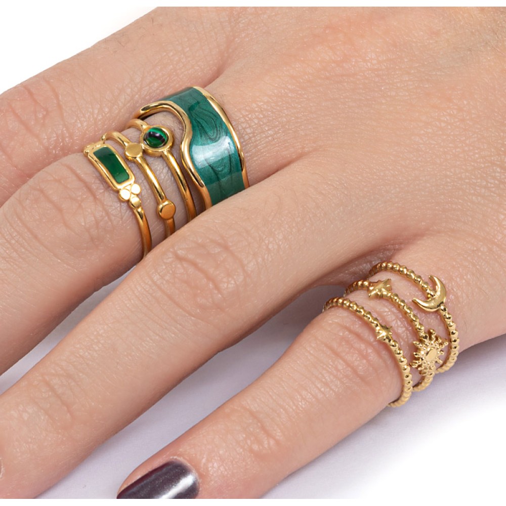 ΔΑΧΤΥΛΙΔΙΑ - ΣΕΤ 3 ΤΜΧ - EΠΙΧΡΥΣΑ ΜΕ ΠΡΑΣΙΝΟ ΣΜΑΛΤΟ ΣΕ ΜΟΝΟ & ΤΡΙΠΛΑ ΜΕ ΑΥΞΟΜΕΙΩΣΗ ΜΕΓΕΘΟΥΣ "ALEX KATSAITI X STYLISHIOUS"